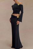 Black Oblique Collar Off-Shoulder Flare Sleeve Crop Tops And Maxi Skirt Two Pieces Dress Sets
