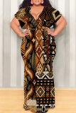 Beige Leopard Snakeskin Print Short Sleeve V Neck Strap Design Lace Up Plus Size Loose Casual Vacation Maxi Dresses