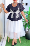 Black O Neck Top with Embroidery Half Sleeve Peplum Jacket and Chiffon Layered Tulle Maxi Skirt Casual Formal Evening Party Prom Plus Size Three Piece