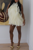 Rose Red Sleeveless O Neck Ruffle Hem Mesh Tulle Ball Gown Party Mini Dress