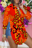 Brownish Red Casual Graphics Print Long Sleeve Buttons Slit Turndown Collar Blouse Shirt Tops