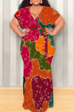 Beige Leopard Snakeskin Print Short Sleeve V Neck Strap Design Lace Up Plus Size Loose Casual Vacation Maxi Dresses