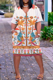 White Floral Print V Neck Short Sleeve Pockets Casual Outing Midi T-shirt Dress