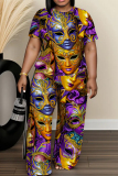 Purple Green African Graphics Print O Neck Short Sleeve Oversize T-shirt And Wide Leg Pants Casual Two Pieces Trouser Sets