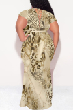 Beige Leopard Snakeskin Print Short Sleeve V Neck Strap Design Lace Up Plus Size Loose Casual Vacation Maxi Dresses