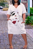 Gray Blue African Figure Print V Neck Short Sleeve Pockets Casual Outing Midi T-shirt Dress
