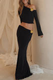 Black Oblique Collar Off-Shoulder Flare Sleeve Crop Tops And Maxi Skirt Two Pieces Dress Sets