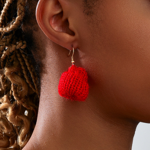 Red Hand Woven Wool Hat Pendant Knit Earrings