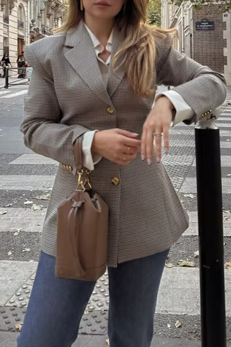 Camel Plaid Print Turn-back Collar Long Sleeve Buttons Formal Office Lady Casual Blazer Jackets