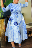 Khaki Casual Graphics Print O Neck 3/4 Sleeve Belted Pockets Long Vacation Pleated Maxi Dresses