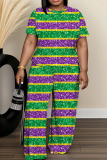 Purple Green African Graphics Print O Neck Short Sleeve Oversize T-shirt And Wide Leg Pants Casual Two Pieces Trouser Sets