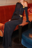Black Oblique Collar Off-Shoulder Flare Sleeve Crop Tops And Maxi Skirt Two Pieces Dress Sets