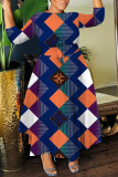 Khaki Casual Graphics Print O Neck 3/4 Sleeve Belted Pockets Long Vacation Pleated Maxi Dresses