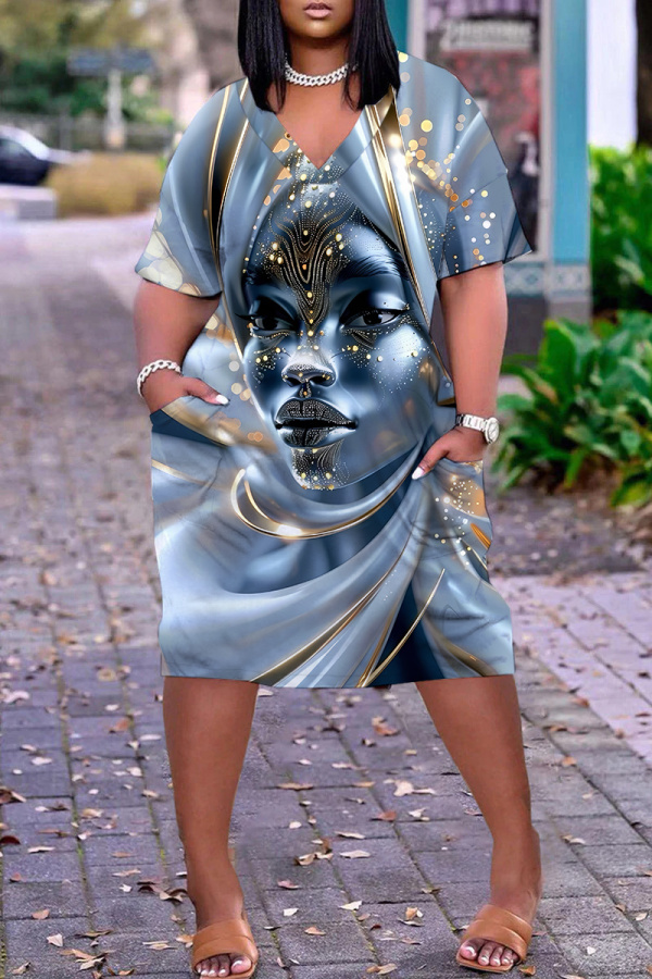 Gray Blue African Figure Print V Neck Short Sleeve Pockets Casual Outing Midi T-shirt Dress