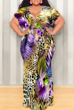 Beige Leopard Snakeskin Print Short Sleeve V Neck Strap Design Lace Up Plus Size Loose Casual Vacation Maxi Dresses