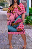 Gray Blue African Figure Print V Neck Short Sleeve Pockets Casual Outing Midi T-shirt Dress