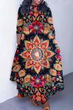 Tan Casual Graphics Print O Neck 3/4 Sleeve Belted Pockets Long Vacation Pleated Maxi Dresses