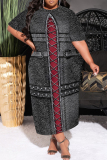 Dark Blue Faux Denim Print O Neck Short Sleeve Pocket Casual Loose Plus Size Maxi T-shirt Dresses