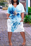 Gray Blue African Figure Print V Neck Short Sleeve Pockets Casual Outing Midi T-shirt Dress