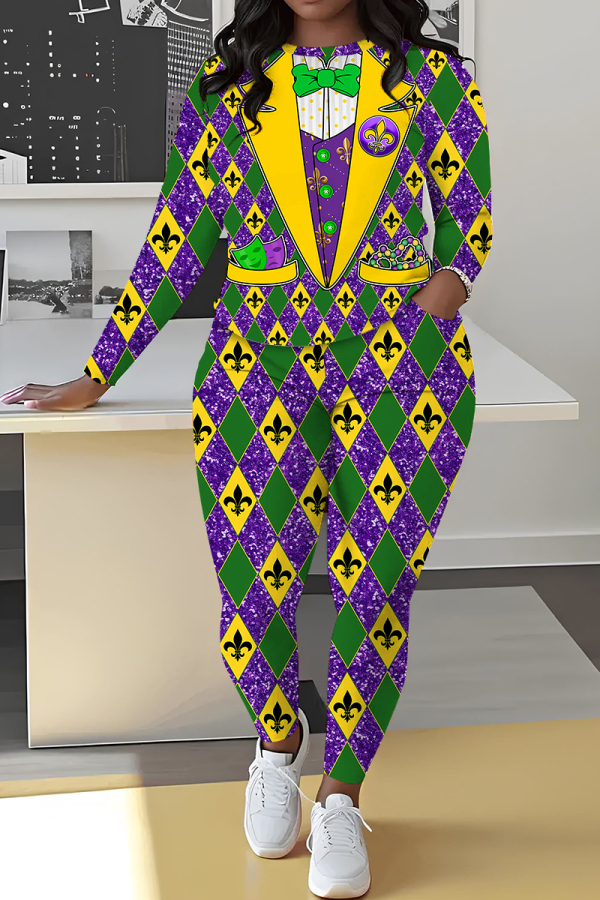 Purple Green Casual African Graphics Print O Neck Long Sleeve Sweatshirt And Sweatpants Sportwear Two Pieces Jogger Sets