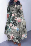 Tan Casual Graphics Print O Neck 3/4 Sleeve Belted Pockets Long Vacation Pleated Maxi Dresses