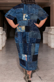 Dark Blue Faux Denim Print O Neck Short Sleeve Pocket Casual Loose Plus Size Maxi T-shirt Dresses