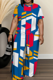 Blue White Graphics Print O Neck Short Sleeve Oversize T-shirt And Wide Leg Pants Casual Two Pieces Trouser Sets