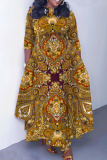 Tan Casual Graphics Print O Neck 3/4 Sleeve Belted Pockets Long Vacation Pleated Maxi Dresses