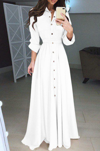 White Turndown Collar Long Sleeve Buckle Belted Long Casual Vacation Pleated Maxi Dresses