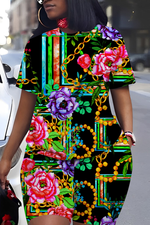 Multicolor Casual Floral Print Skinny Round Neck Short Sleeve T-shirt And Shorts Two Pieces Matching Sets
