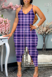 Brown Plaid Print Sleeveless Backless Daily Vacation Loose Cami Harem Jumpsuit