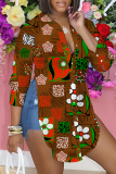 Brownish Red Casual Graphics Print Long Sleeve Buttons Slit Turndown Collar Blouse Shirt Tops