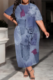 Dark Blue Faux Denim Print O Neck Short Sleeve Pocket Casual Loose Plus Size Maxi T-shirt Dresses