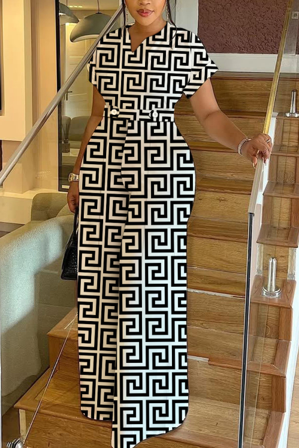 White Black Graphics Print V Neck Short Sleeve Casual Vacation Wide Leg Jumpsuits