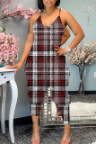 Brown Plaid Print Sleeveless Backless Daily Vacation Loose Cami Harem Jumpsuit