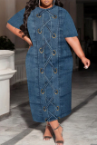 Dark Blue Faux Denim Print O Neck Short Sleeve Pocket Casual Loose Plus Size Maxi T-shirt Dresses