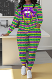 Purple Green Casual African Graphics Print O Neck Long Sleeve Sweatshirt And Sweatpants Sportwear Two Pieces Jogger Sets