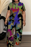 Blue White Graphics Print O Neck Short Sleeve Oversize T-shirt And Wide Leg Pants Casual Two Pieces Trouser Sets