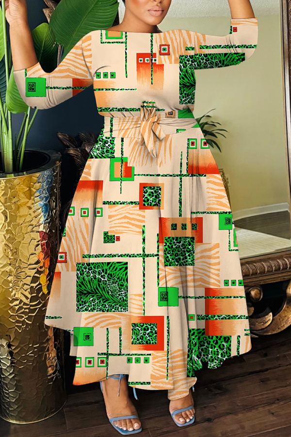 Khaki Casual Graphics Print O Neck 3/4 Sleeve Belted Pockets Long Vacation Pleated Maxi Dresses