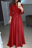 White Turndown Collar Long Sleeve Buckle Belted Long Casual Vacation Pleated Maxi Dresses