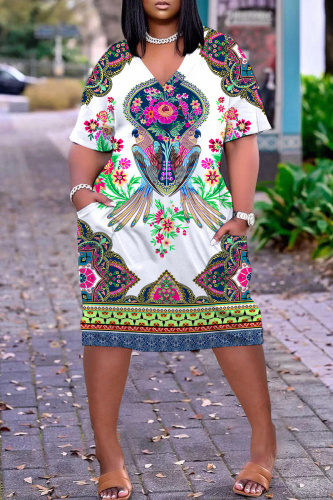White Floral Print V Neck Short Sleeve Pockets Casual Outing Midi T-shirt Dress