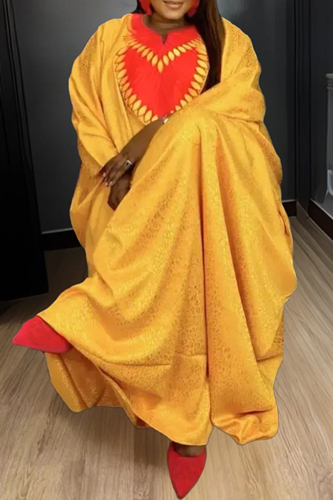Blue African Embroidery V Neck Batwing Sleeve Casual Long Loose Vacation Plus Size Kaftan Maxi Dress