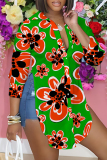 Brownish Red Casual Graphics Print Long Sleeve Buttons Slit Turndown Collar Blouse Shirt Tops