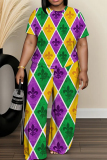 Purple Green African Graphics Print O Neck Short Sleeve Oversize T-shirt And Wide Leg Pants Casual Two Pieces Trouser Sets