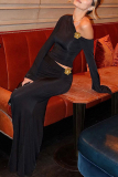 Black Oblique Collar Off-Shoulder Flare Sleeve Crop Tops And Maxi Skirt Two Pieces Dress Sets