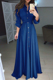 White Turndown Collar Long Sleeve Buckle Belted Long Casual Vacation Pleated Maxi Dresses