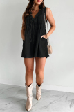 Casual V Neck Sleeveless Loose Pocket Lace Up Vacation Pleated Loose Denim Jumpsuits
