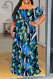 Orange Geometric Print Off Shoulder Flutter Sleeve Casual Plus Size Loose Vacation Maxi Dresses