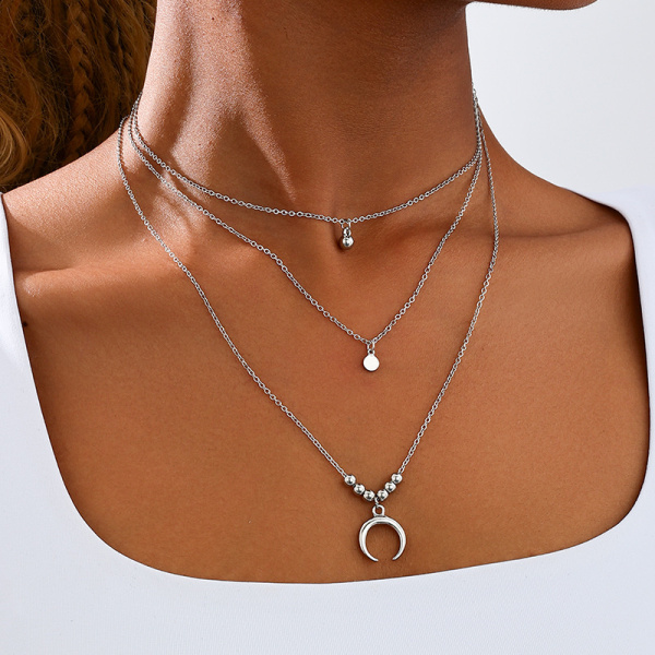 Silver Tassel Crescent Moon Pendant Layered Necklace