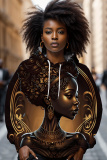Dark Brown African Figure Print Draw String Street Fall Winter Hooded Sweatshirt